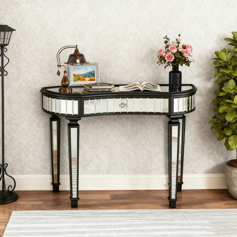 Console à miroir demi-lune 47 "avec verre cannelé, Noir antique / Argent
