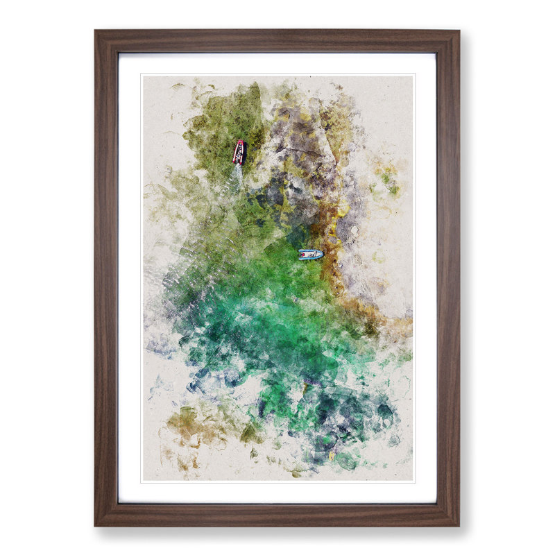Boats in Catalunya Spain Watercolour - Picture Frame Graphic Art, 36cm H x 27cm W x 2cm D, Walnut