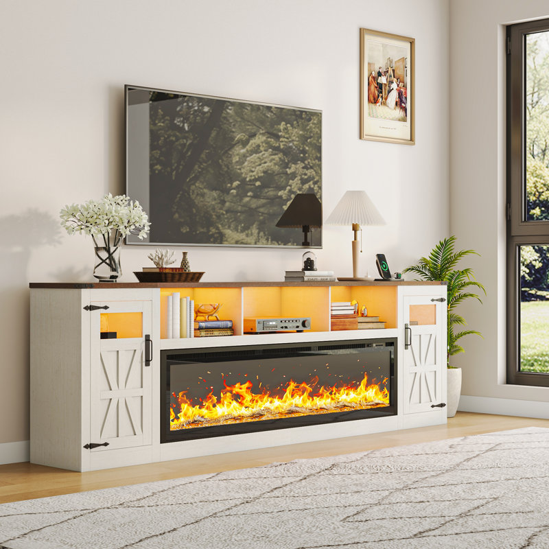 Meuble télé 95 po avec foyer électrique pour téléviseur de 100 po ou moins avec prises de courant, grande console média avec foyer électrique de 60 po et lumières DEL pour le salon