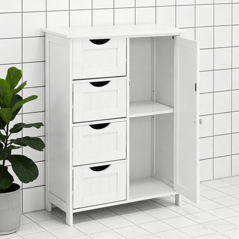 Armoire de salle de bain autoportante blanche avec tablette et tiroirs réglables
