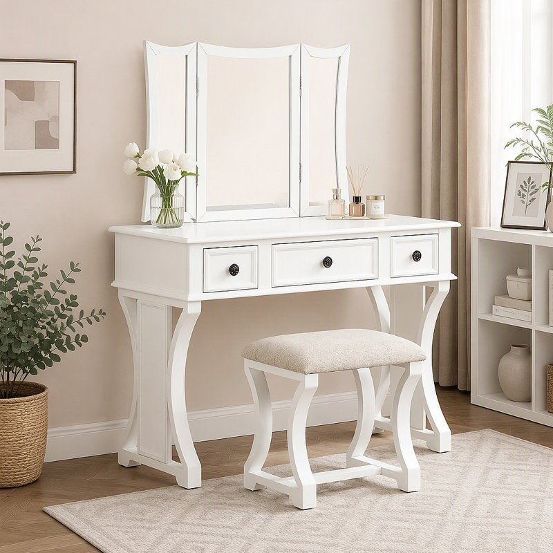 Ensemble de coiffeuse moderne unique pour chambre à coucher avec tabouret, miroir pliable, tiroirs, placage en MDF, meuble de toilette 1 pièce