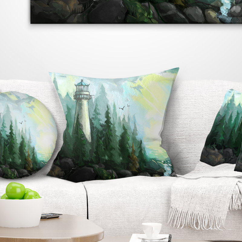 Coussin de peinture moderne avec sapin river et arbres, 18 po x 18 po, Coussin décoratif