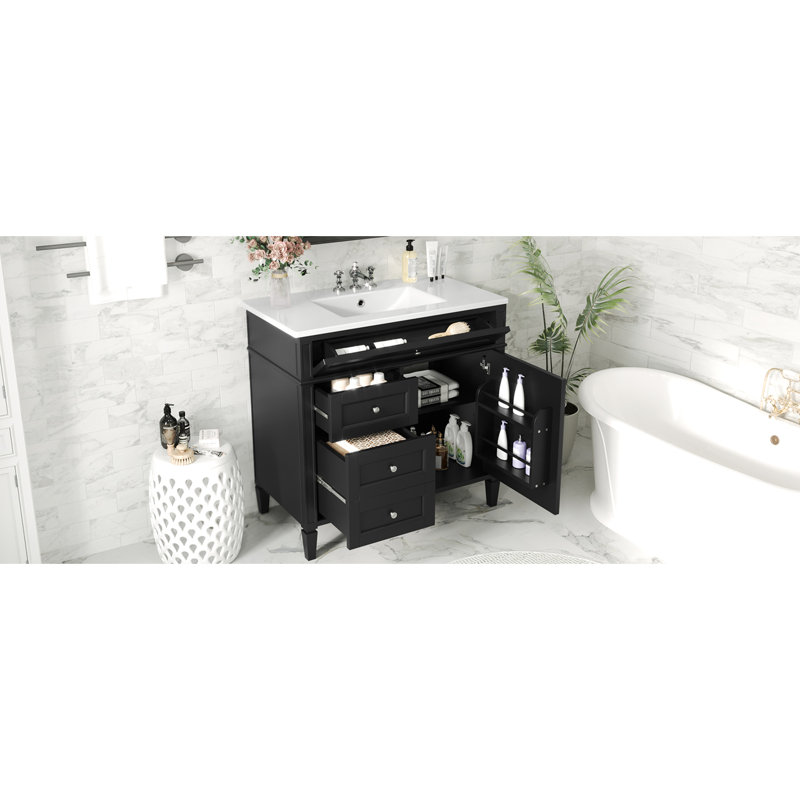 Armoire de salle de bain 36 po avec lavabo, conception moderne. 2 tiroirs et bec basculant. Noir. Espace de rangement pour les meubles-lavabos essentiels. Espace de rangement abondant