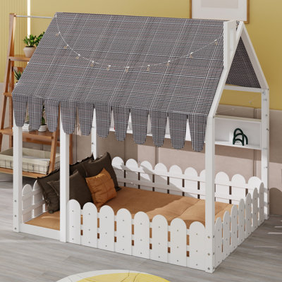 Lit Montessori House avec tente, clôture de sécurité et 3 tablettes de rangement