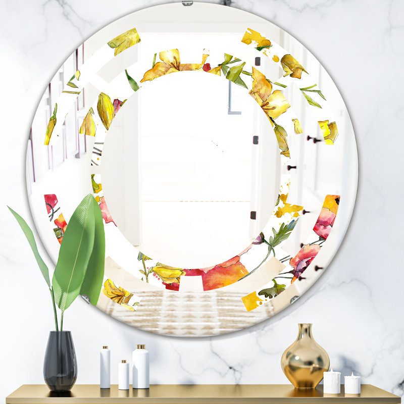 Miroir mural à motif géométrique et à motif patchwork, 31,5 po x 31,5 po, Coquelicots dessinés à la main Space IV