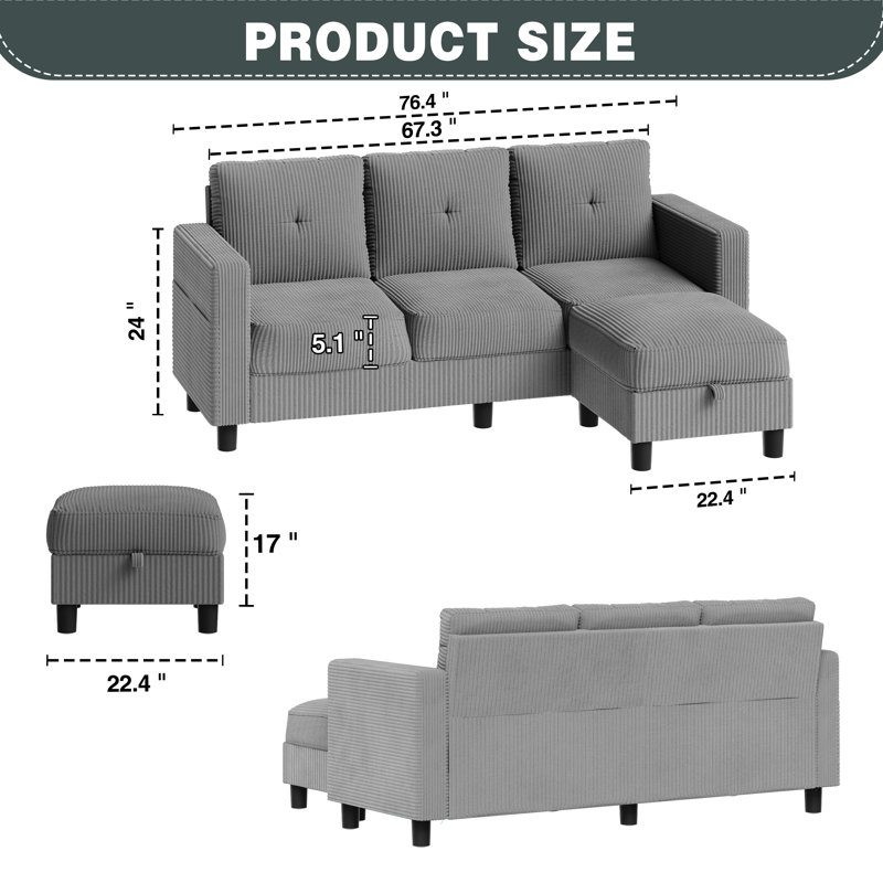  Aadvik 76.4" Upholstered Sofa Chaise, Light Gray Corduroy