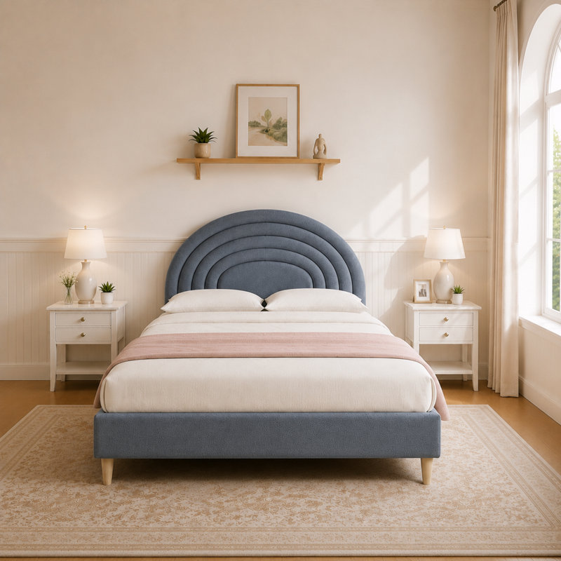 Halis Upholstered Scalloped Bed, Full, Gray Teddy