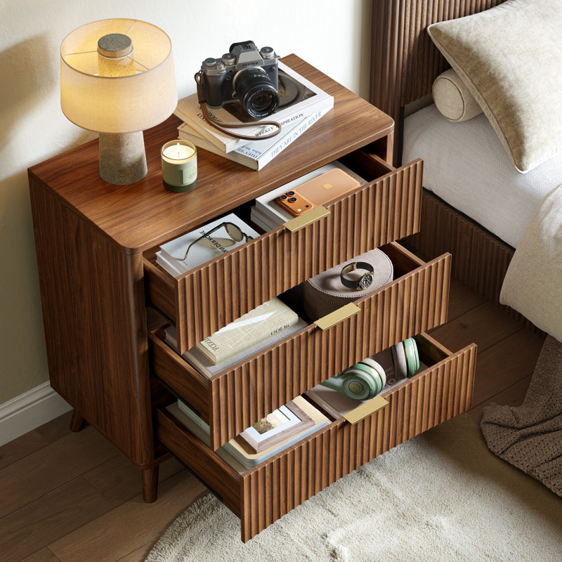  31.5''W Large Walnut Fluted Nightstand Set of 2, 3 Drawer Night Stand Bedside Table, Wood Bedroom Nightstand , 29.35'' H X 31.5'' W X 15.75'' D