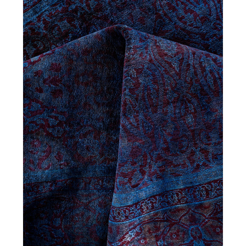 Tapis carré noué à la main de conception unique Rachal - bleu, 5 pi 10 po x 6 pi 2 po