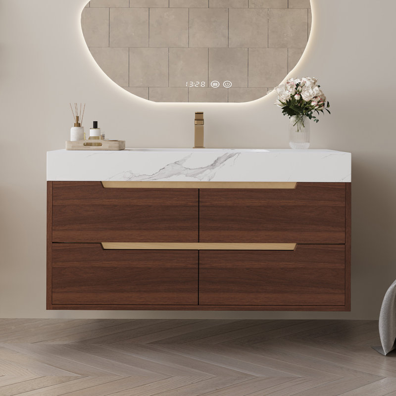 Lioren 35.4" Modern Sintered Stone Vanity With Soft-Close Drawers And Waterproof Wood, Walnut