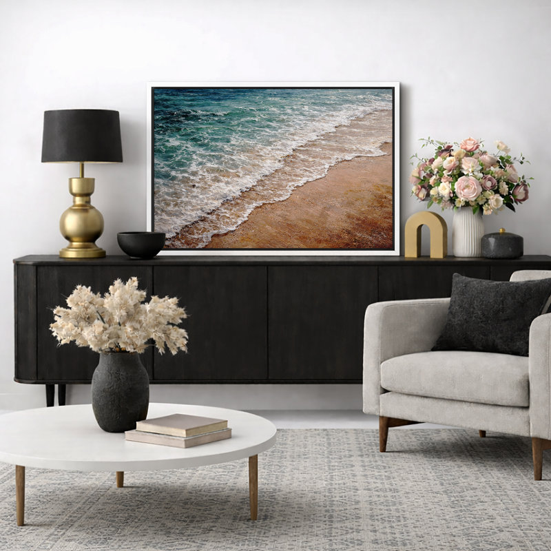 «Ocean Waves Shoreline», art de bord de mer, impression sur toile encadrée, H 16 po x l 24 po x P 1,5 po, Cadre blanc
