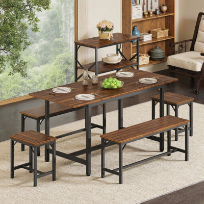 Ensemble de table de salle à manger extensible pour 4-8 à 63 pouces de large plateau de table en bois brun rustique extensible avec structure en métal, 2 bancs et 2 tabourets, peu encombrant pour la cuisine, les appartements ou les rassemblements