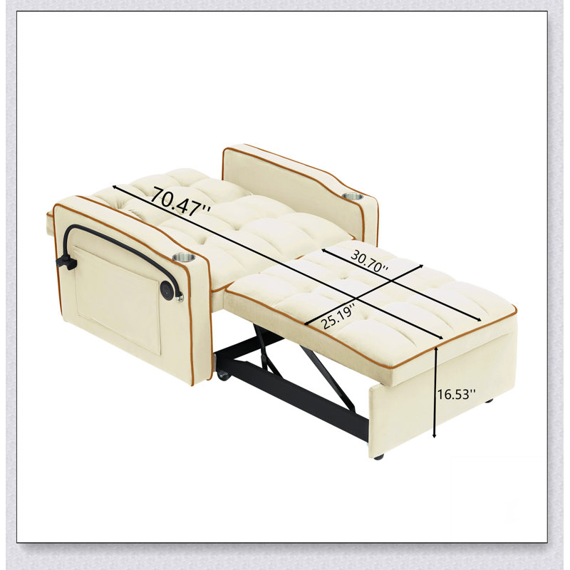 1 canapé-lit pliable polyvalent en 3 longueurs, canapé-lit moderne en velours coulissant, Velours blanc crémeux
