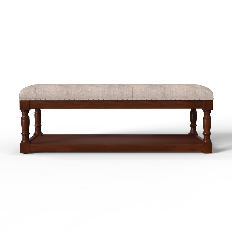 Natural Linen Tufted Cocktail Ottoman with Brown Wooden Frame
