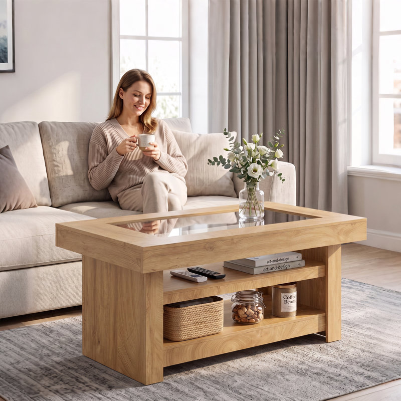 Table basse à deux niveaux de 120 cm avec plateau en verre trempé – Structure en bois robuste, étagères de rangement ouvertes – Résistante aux égratignures, facile à nettoyer – Idéale pour le salon ou un appartement