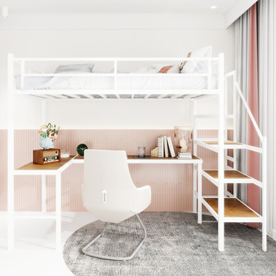 Lit mezzanine simple en fer noir avec escalier, garde-corps 360, espace de travail peu encombrant et tiroirs de rangement dans la structure de la chambre à coucher, bureau en L pour la décoration