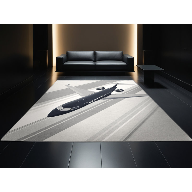 Soft Plush Eckart Passenger Jet Airplane Modern & Contemporary Area Rug in Gray – Gray Binding, 5x8