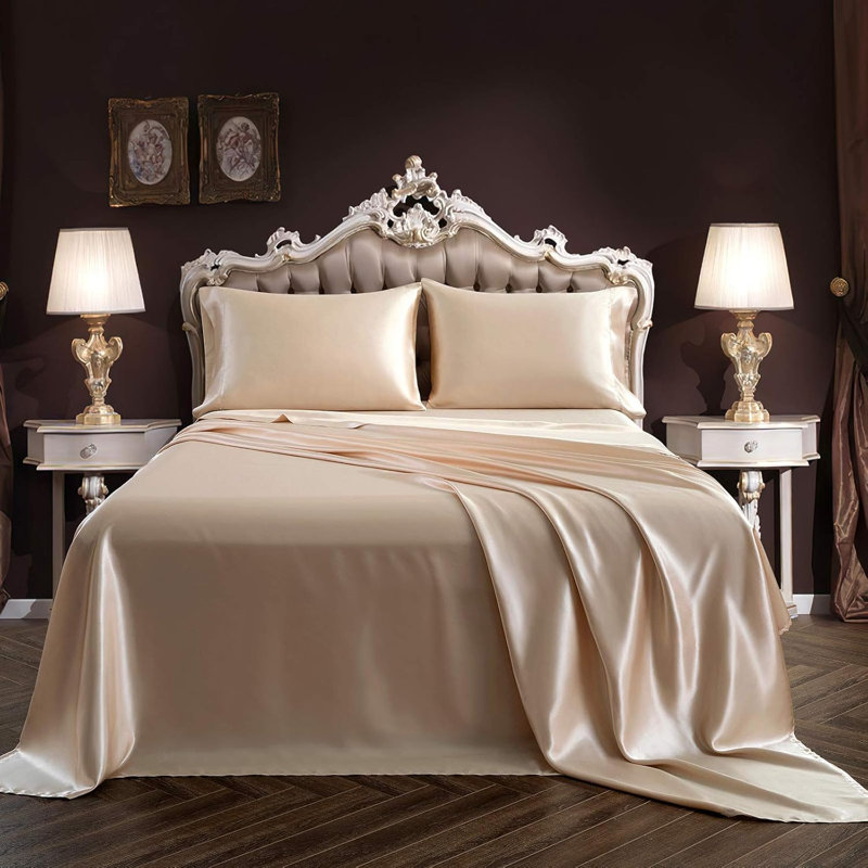 Queen Size 4-Piece Satin Bedding Set, Super Smooth & Soft Beige Satin Bed Linens with Deep Pockets. Package includes 1 fitted sheet, 1 flat sheet and 2 envelope style pillowcases.