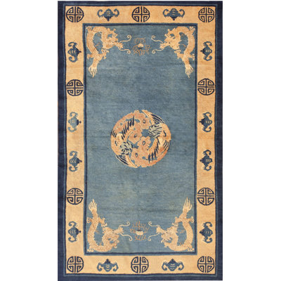 Chinese Antique - Peking 1890s Blue Rectangle Knotted Wool Small Scatter Size Rug