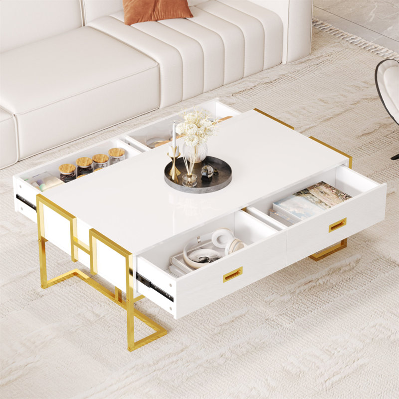 Table basse moderne moderne blanche avec 4 tiroirs et base dorée de 47,3 po, Blanc