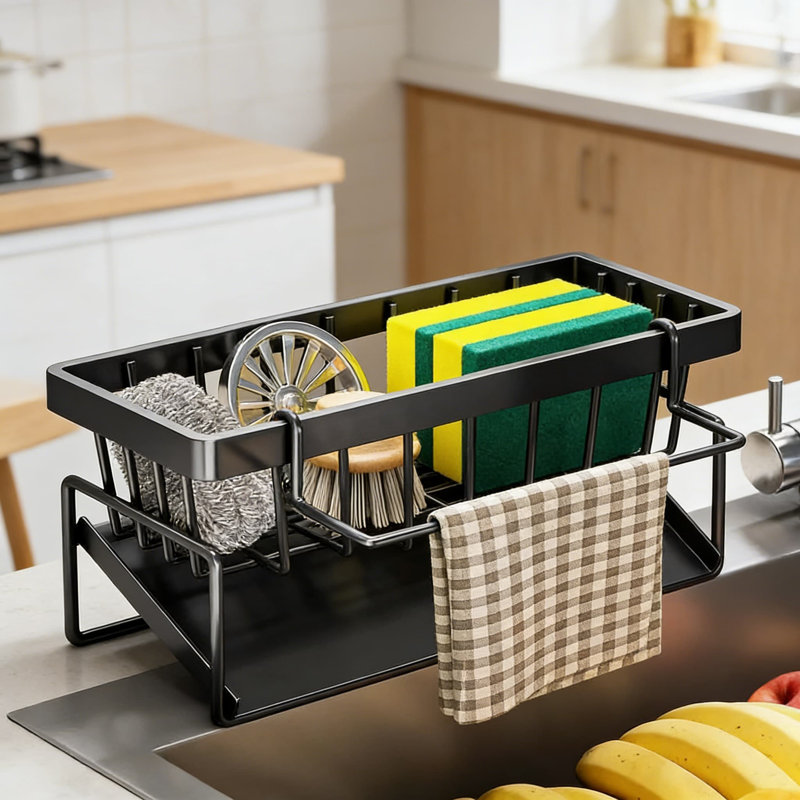 Organisateur d'évier de cuisine avec plateau de drainage et support à vaisselle amovible, conception à drainage automatique pour l'organisation du comptoir
