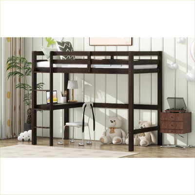 Petit lit mezzanine simple en bois d'hévéa massif avec bureau intégré et échelle