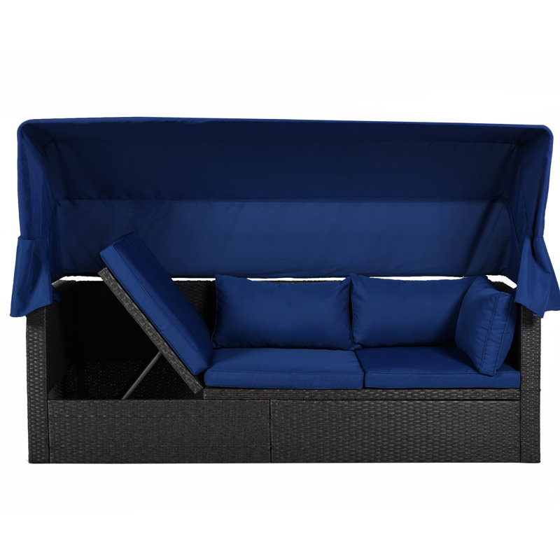 Lit de jour d'extérieur avec auvent et rembourrage de coussin lavable pour terrasse avec coussins de soutien rétractables