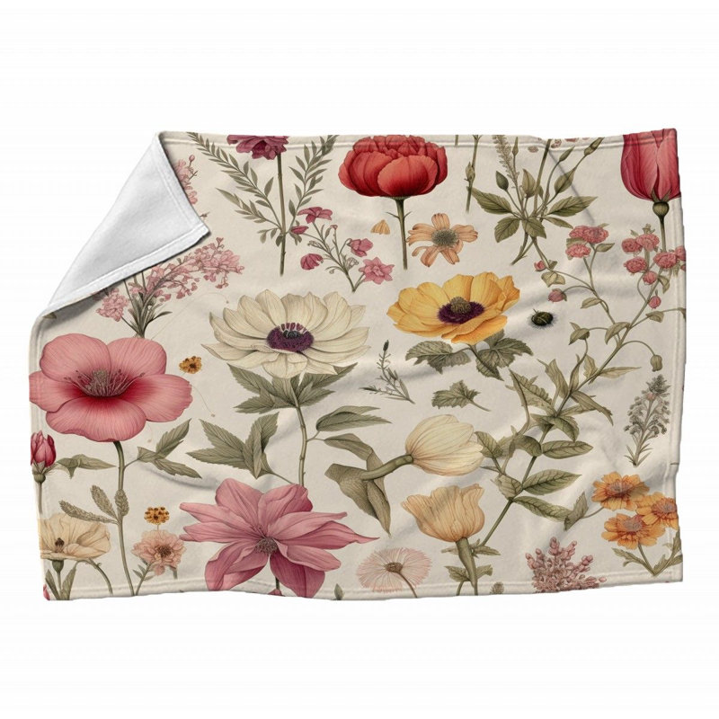 Machine Printed Throw Blanket, 80" L x 60" W, Floral, Multicolor White/Gray/Cream