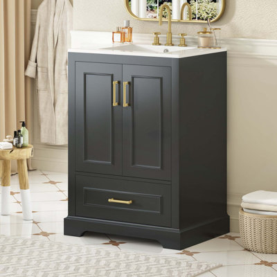 Meuble-lavabo moderne de 24 pouces avec lavabo en céramique, armoire en panneau de fibres à densité moyenne, structure en bois massif et solutions de rangement intelligentes