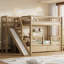 Lit superposé simple au-dessus de simple avec glissière, escalier de rangement et 2 tiroirs - mobilier de chambre d'enfant peu encombrant, noyer