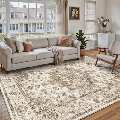 Kitty Washable Vintage Brown Area Rug with Non-Slip Backing for Living Room