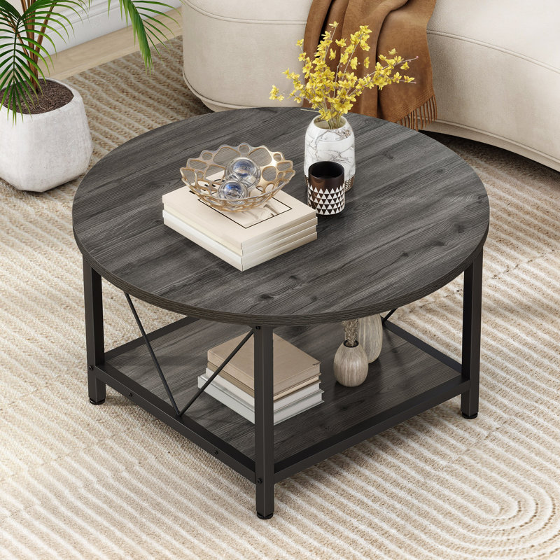 Table basse ronde de 31,5 po avec tablette inférieure en V, Bois gris