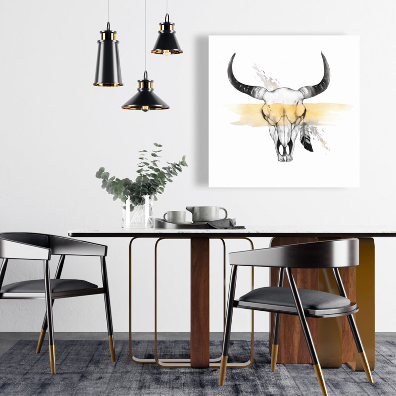 Gray Rustic Bedroom Canvas | Cow Skull with Feather Decor