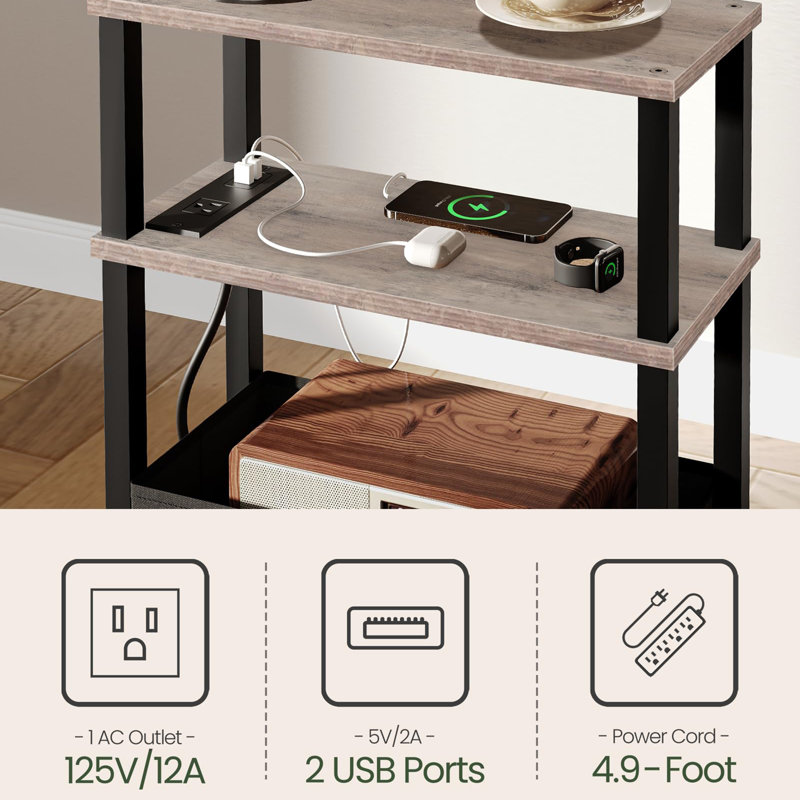 Petite table d'appoint étroite avec station de charge, Gris / Noir