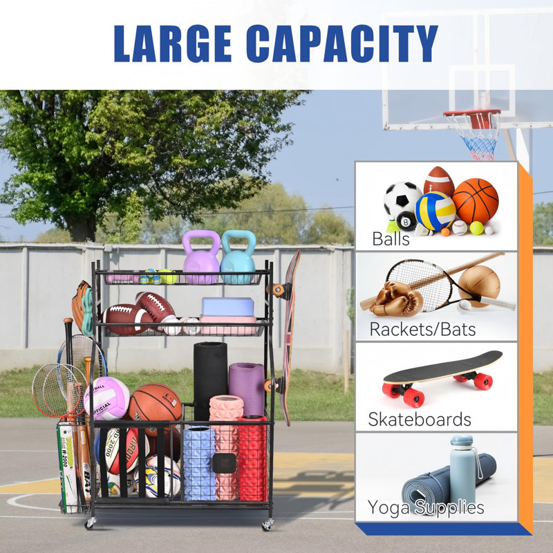 Organisateur de garage pour équipement de sport, rangement de baseball de grande capacité, organisateur de sport pour le garage avec crochets et paniers, support de rangement pour balles