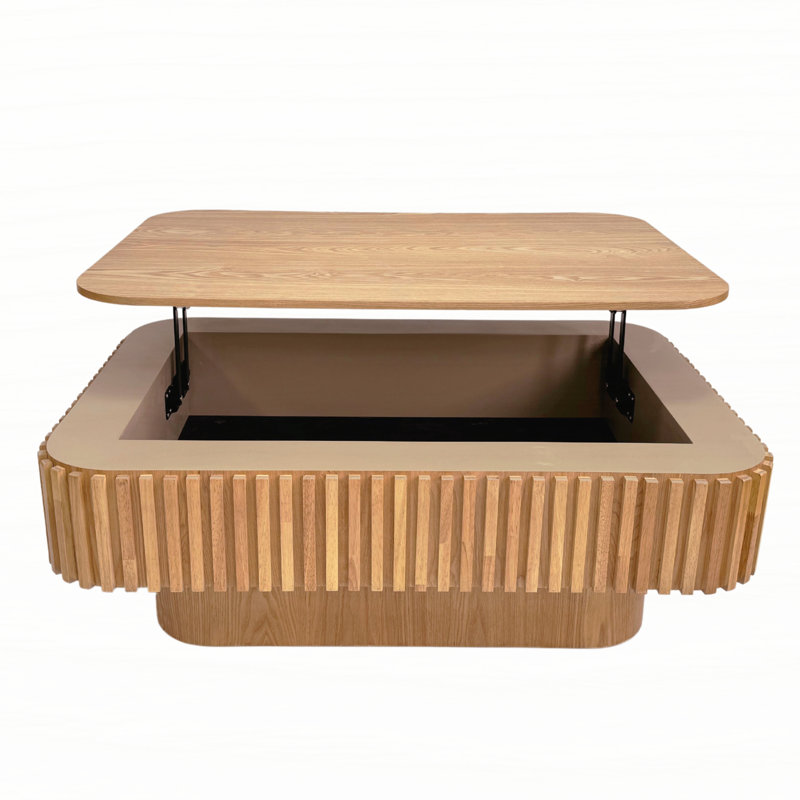 Table basse d'appoint 38,6 po à plateau relevable cannelé en bois massif et table d'appoint moderne avec rangement et hauteur réglable pour salon, chambre à coucher, appartement ou bureau, bois naturel