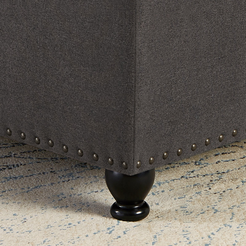 Dark Gray Tufted Linen Square Cocktail Ottoman with Wooden Legs