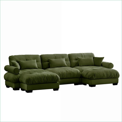 Sectional Sofas | Modern U-Shaped Modular Convertible Couch for Living Room, with 2 Movable Ottomans | Velvet | Olive Green