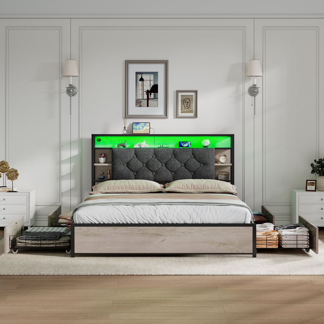 4Ft6 Double Linen Bed With 4 Storage Drawers, Tufted Headboard With LED Light & Charging