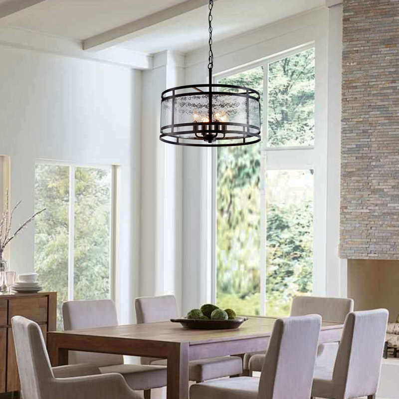 Gladwin 20" 4-light Water Textured Curved Glass Drum Round Chandelier - Black