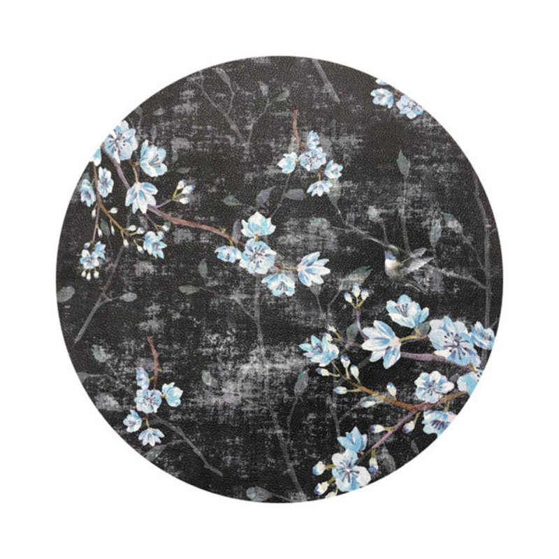 Blossom Fantasia French Gray Vegan Leather Round Coasters, Black Blue
