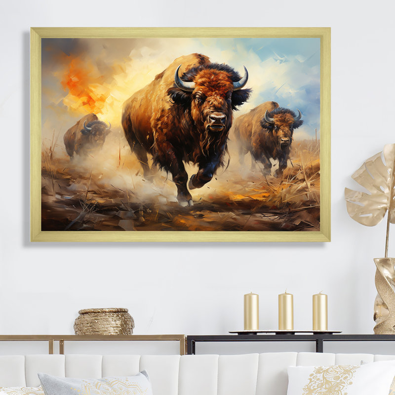Native Buffalo, impressionnant sur toile, Cadre doré simple, H 12 po x l 20 po x P 1 po