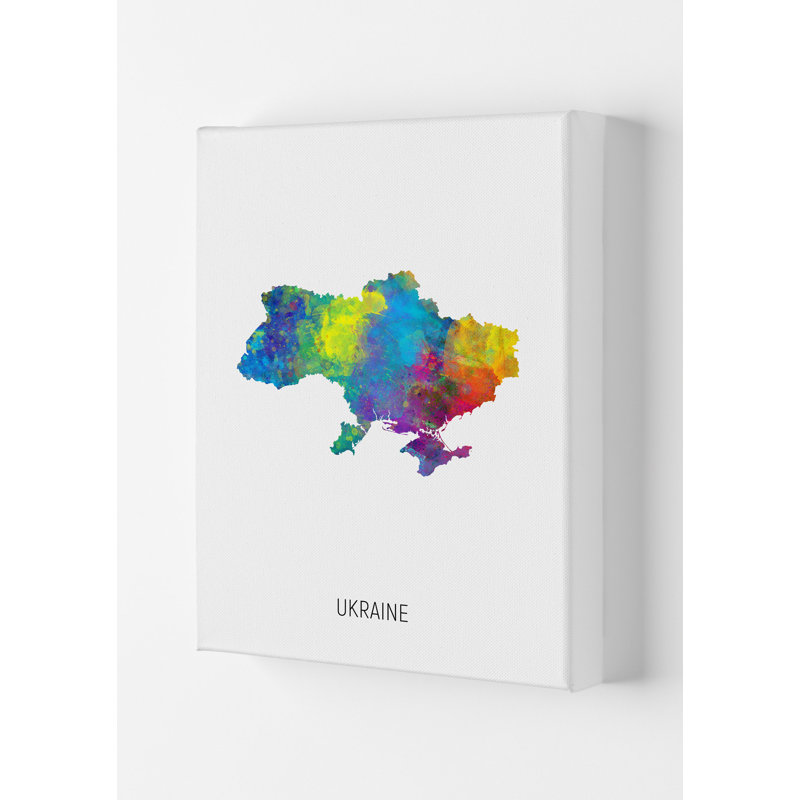 Ukraine Watercolour Map by Michael Tompsett - Print, 59.4cm H x 42cm W x 4cm D, Wrapped Canvas