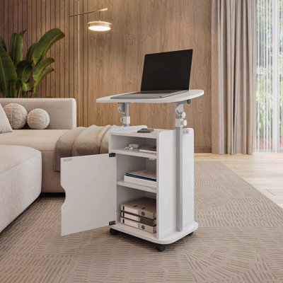 Chariot pour ordinateur portable roulant assis-à-debout, blanc avec rangement