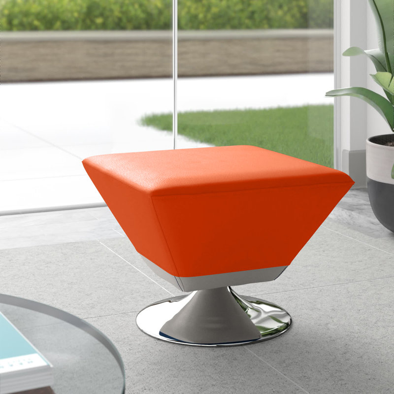Diamond 20" Modern Vegan Leather Upholstered Metal Swivel Ottoman in Orange, Orange/Polished Chrome Faux Leather