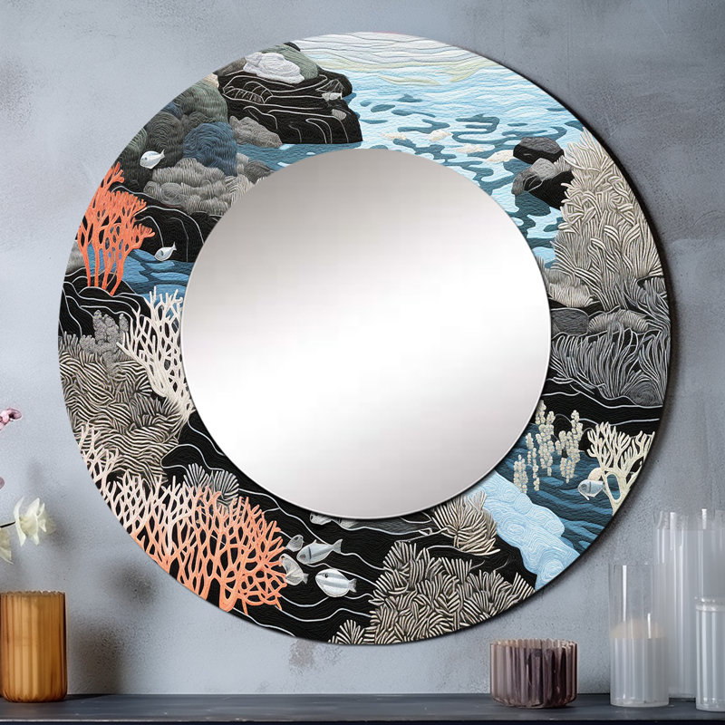 Semayah noir et blanc abstrait coraux rivière I - grand miroir mural corail, miroir décoratif rond côtier, art imprimé en métal