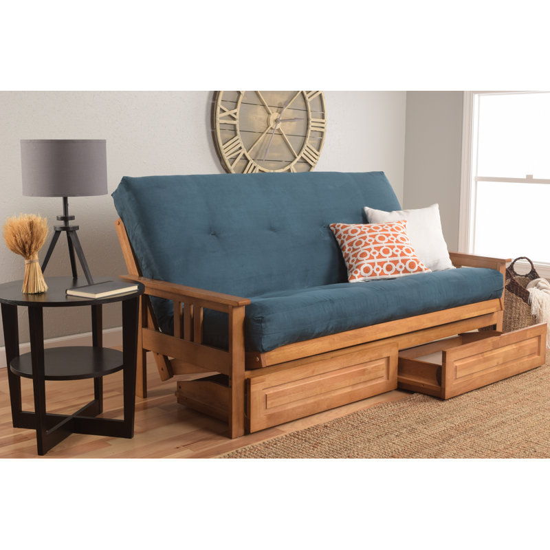 Stratford Full-Size Futon Frame Includes Storage Drawers and Mattress, Suede Blue, Butternut, Premium Pocket Coil