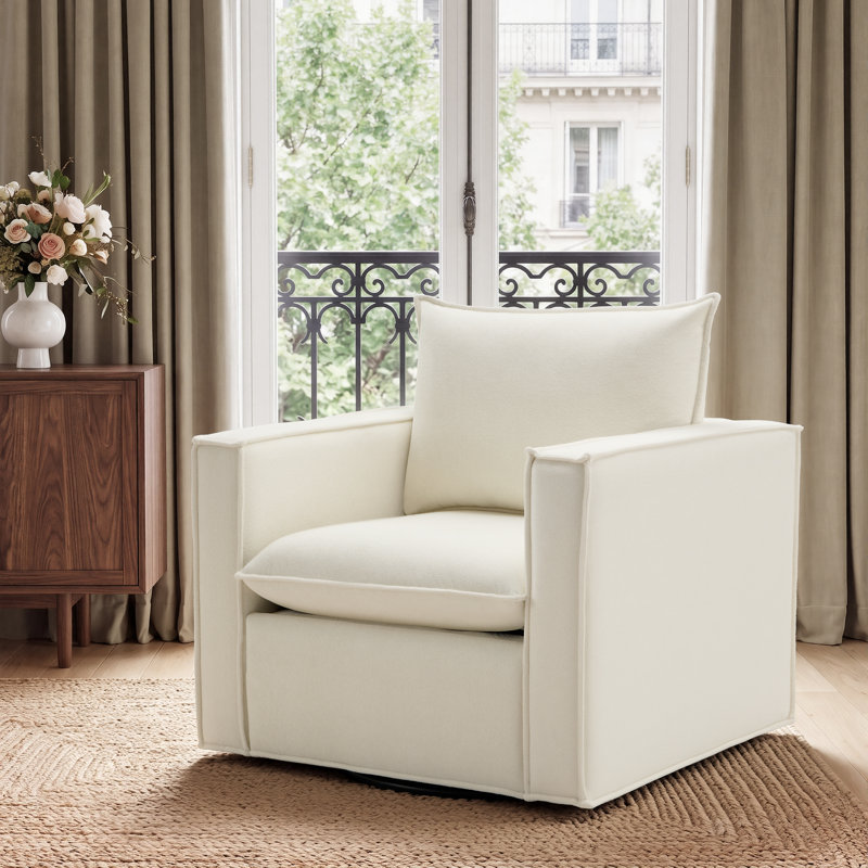 34.2" Wide Upholstered Swivel Accent Armchair, Beige Fabric