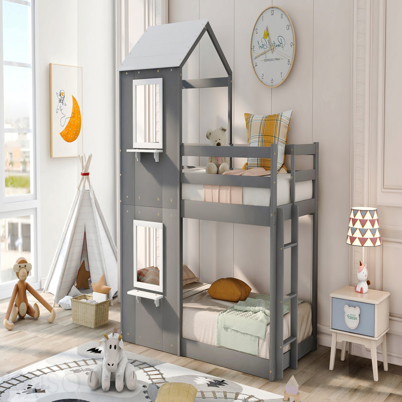 Lit superposé simple au-dessus d'un lit simple en bois avec toit, fenêtre, garde-corps et échelle (blanc), Grey