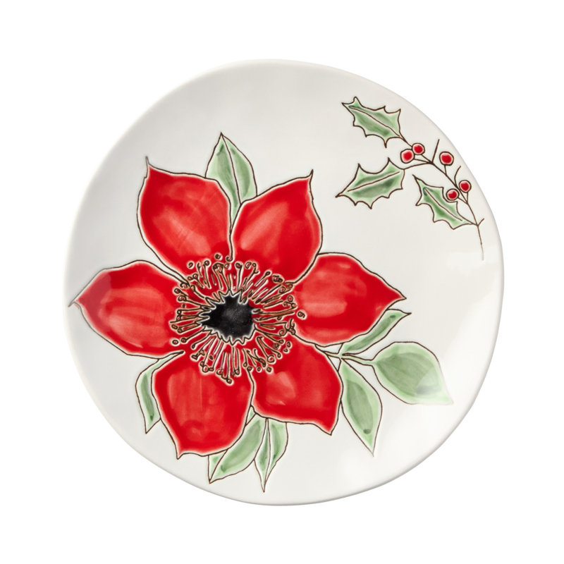 Ensemble de 4 assiettes à dessert Festive Blooms - Quatre assiettes en grès blanc de 8,5 pouces transportant la fleur écarlate audacieuse de la collection à chaque plat du repas des Fêtes.